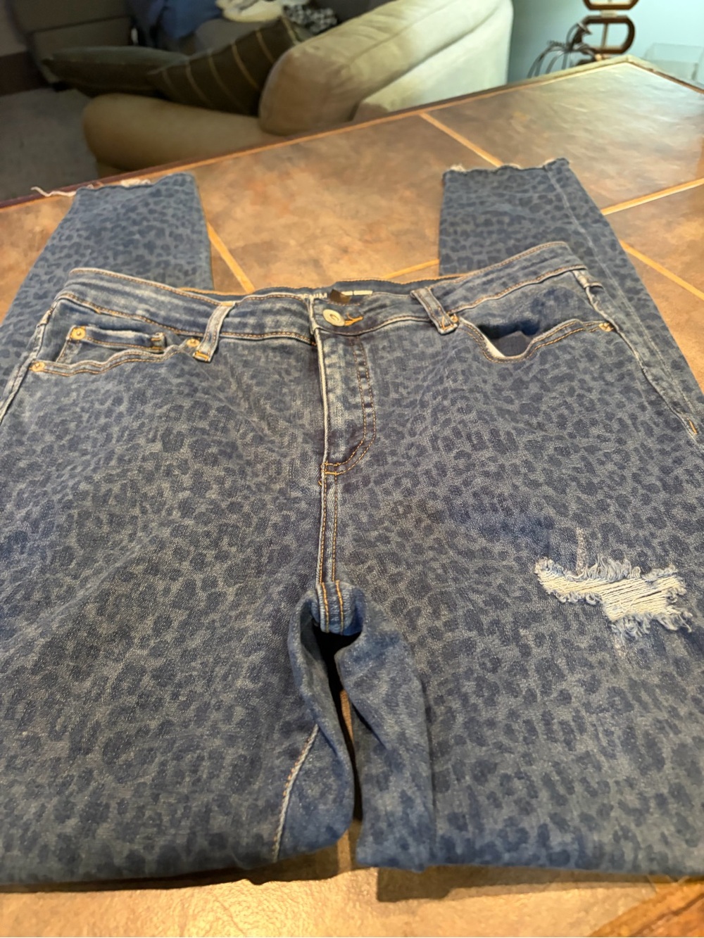 INC International Concepts Blue Leopard Skinny Jeans- frayed bottom, size 12